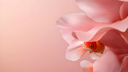 Delicate pink blossoms enfold a small, orange goldfish. Soft, pastel colors create a serene, peaceful atmosphere