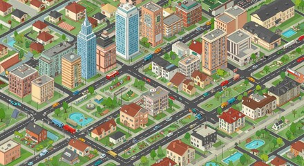 Obraz premium Cartoon cityscape Buildings roads vehicles green spaces