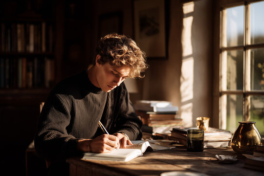  A young man journaling at a wooden desk with soft morning light.

