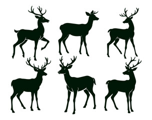 A set of elk or deer silhouettes. Collection of black deer icons.Logo of a deer.Dear simple icon.Reindeer vector symbols with white background