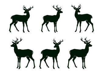 A set of elk or deer silhouettes. Collection of black deer icons.Logo of a deer.Dear simple icon.Reindeer vector symbols with white background