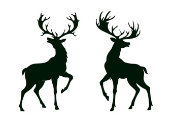 A set of elk or deer silhouettes. Collection of black deer icons.Logo of a deer.Dear simple icon.Reindeer vector symbols with white background