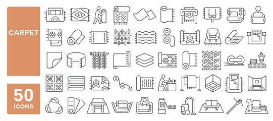Set of 50 line icons related to carpet, rug, ornate, mat, floor cover, rolled carpet, Editable stroke. Vector illustration