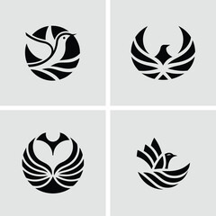 Four distinct black bird logos graphic designs representing symbolism and modern branding concepts