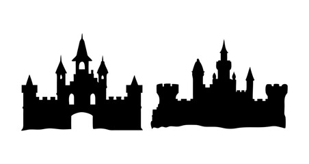 A Sat of Castle silhouette, medieval fortress outline for fairytale design, fantasy art, storybook illustration with white background © sanjoy