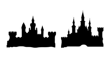 Fototapeta premium A Sat of Castle silhouette, medieval fortress outline for fairytale design, fantasy art, storybook illustration with white background