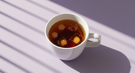 Iced tea with fruit cubes on purple background.