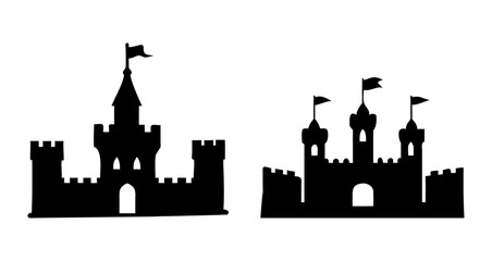 A Sat of Castle silhouette, medieval fortress outline for fairytale design, fantasy art, storybook illustration with white background