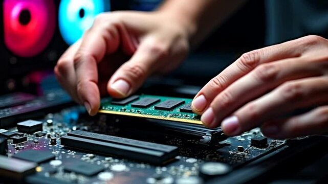 Installing RAM module into a computer motherboard. Hands carefully place a RAM chip into a computer circuit board