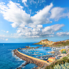 Naklejka premium Unbelivable view of Medieval town of Castelsardo. Cityscape of Castelsardo port.