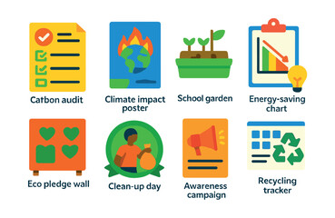 Isometric flat vector set of illustrations of student climate action project: carbon audit form, climate impact poster, school garden icon, energy-saving chart, eco pledge wall, clean-up day badge,
