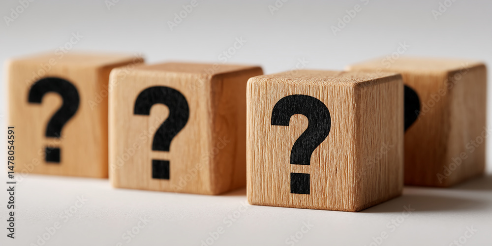 Aufkleber Close-up of wooden cubes displaying question marks, symbolizing inquiry, uncertainty, or problem-solving.  Concept showcases ambiguity and the search for answers.