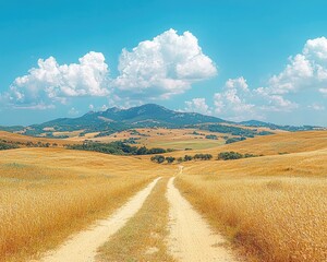 Obraz premium Scenic countryside road winding through golden fields under a bright blue sky