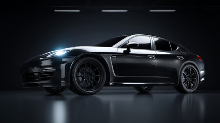 Fototapeta premium Sleek black sports car parked in a dark garage with dramatic lighting effects.
