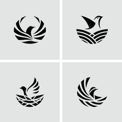 Elegant black and white logo designs featuring birds for corporate branding and icons