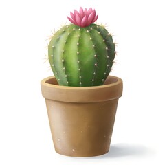A potted cactus with detailed spines, a clay pot, and a tiny pink flower blooming on top