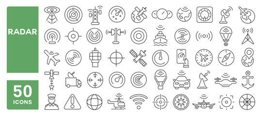 Set of 50 line icons related to radar, satellite, detection, radio tower, navigation, scanner, sonar, Editable stroke. Vector illustration