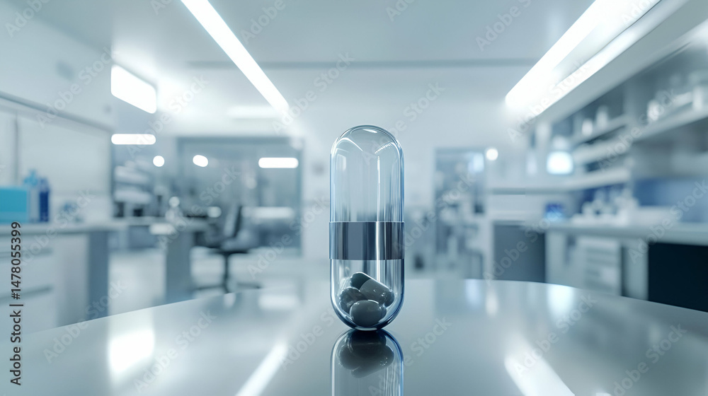 Poster transparent capsule on a table in a modern laboratory