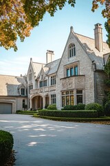 Stunning modern mansion with elegant architecture, surrounded by lush greenery and a spacious driveway in bright daylight