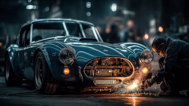 Craftsman Welding a Classic Sports Car in a Workshop Setting