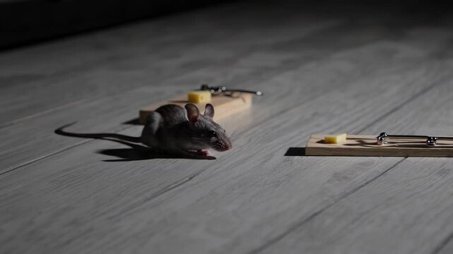 Cautious gray mouse carefully approaching wooden mousetrap baited with cheese, revealing potential danger and risk of pest control inside domestic setting
