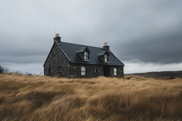 Stone cottage stands against a dramatic sky in a remote landscape, surrounded by golden grass swaying in the wind during an overcast day