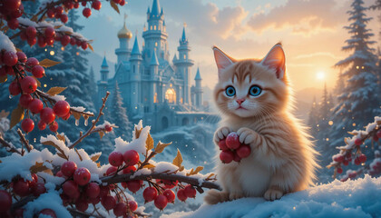 Cute Kitten Holding Red Berries in a Snowy Winter Wonderland with a Fairytale Castle in the Background - Magical Christmas Scene with Snow, Trees, and a Golden Sunset