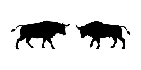 A set of different bull poses silhouettes. Farm animal. white background with Vector illustration.