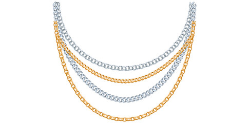 Multilayer Gold And Silver Chains Necklace On White Background, Unique Fine Jewelry Vector Illustration.	