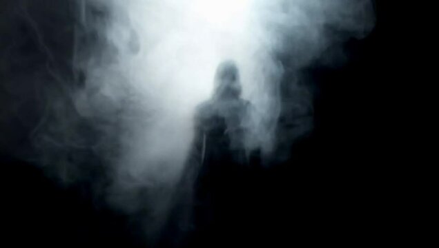 Mysterious figure shrouded, dark mood, emerging from smoke Silhouetted Figure Eerily Emerging, Representing the Unknown or an Apparition, Through Dense Smoke Against a Dark Background with Backlight
