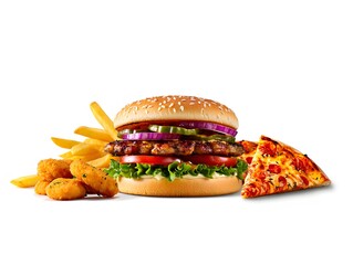 Burger pizza slice and french fries on white background popular fast food combination unhealthy eating concept quick meal convenience food isolated studio shot