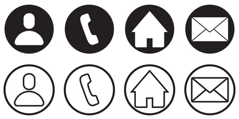 Contact icon set. Web icon set. Address icon, phone icon, email icon, location icon, home icon, web icon, user icon. Black and white color contact icon set.