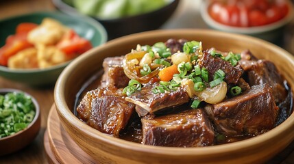 Korean short rib stew Galbi Jjim served side dishes side view of galbi jjim braised short ribs with vegetables served with a variety of side dishes on a wooden table