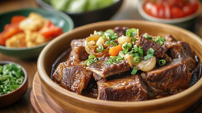 Korean short rib stew Galbi Jjim served side dishes side view of galbi jjim braised short ribs with vegetables served with a variety of side dishes on a wooden table