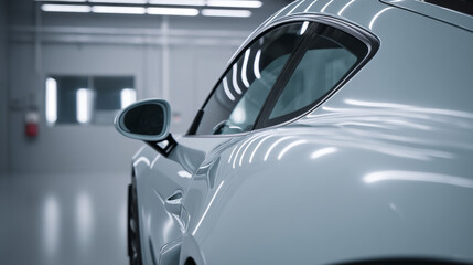 Sleek white sports car in a modern garage with reflections on its smooth surface.