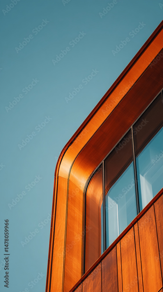 Poster close-up of orange building exterior, showcasing curved architectural design and large window reflec