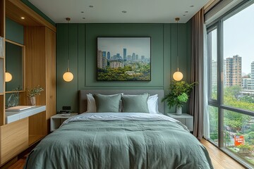 Modern bedroom interior design with sage green accents.