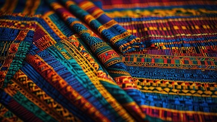 Woven Ghanaian Kente Cloth, Colorful Geometric Design Fabric from Ghana, Africa