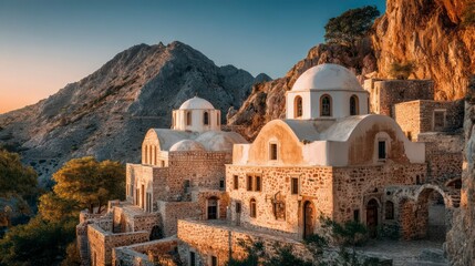  Ancient Greek Monastery with White Domes and Stone Walls Carved into Rocky Mountain at Sunset