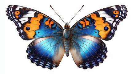 Fototapeta premium Colorful and Vibrant Butterfly with Striking Blue, Orange, and Black Patterns Captured Against White Background for Nature and Art Projects