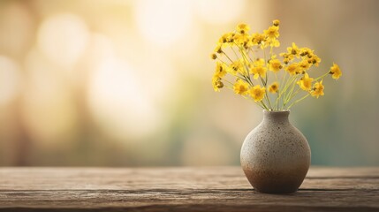 Rustic Ceramic Pot with Bright Yellow Wildflowers on Wooden Table with Blurred Autumn Background