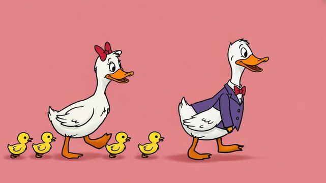 Animated Duck Family Walking In A Row On Pink Background