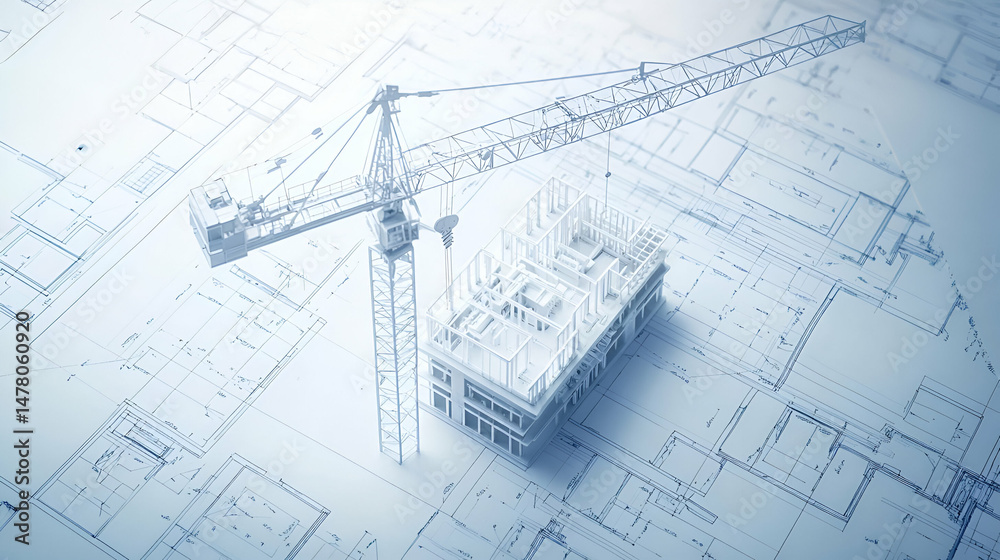 Poster white 3d model of building and crane on blueprints