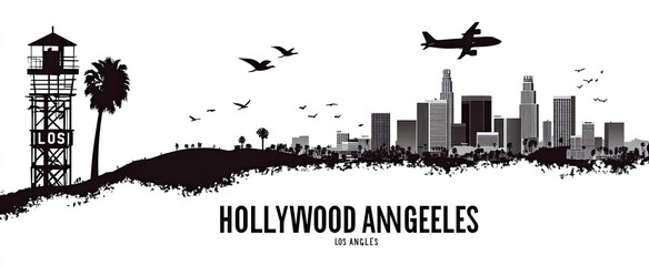 Obraz premium Los Angeles City Skyline Silhouette with Airplane, Tower, and Flying Birds on White