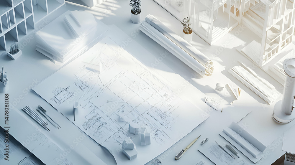 Poster white architectural blueprint on desk with 3d models