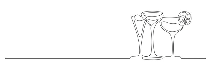 Editable vector stroke of Glass of Cocktail  with ice and lemon, drink with drinking straw. Continuous one line drawing. Vector illustration