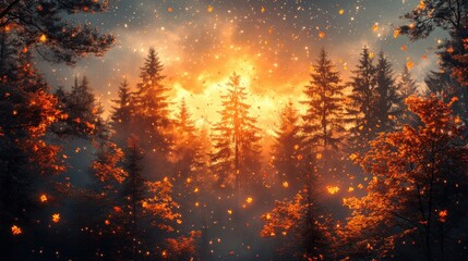 A vibrant forest scene lit by a celestial sunrise.
