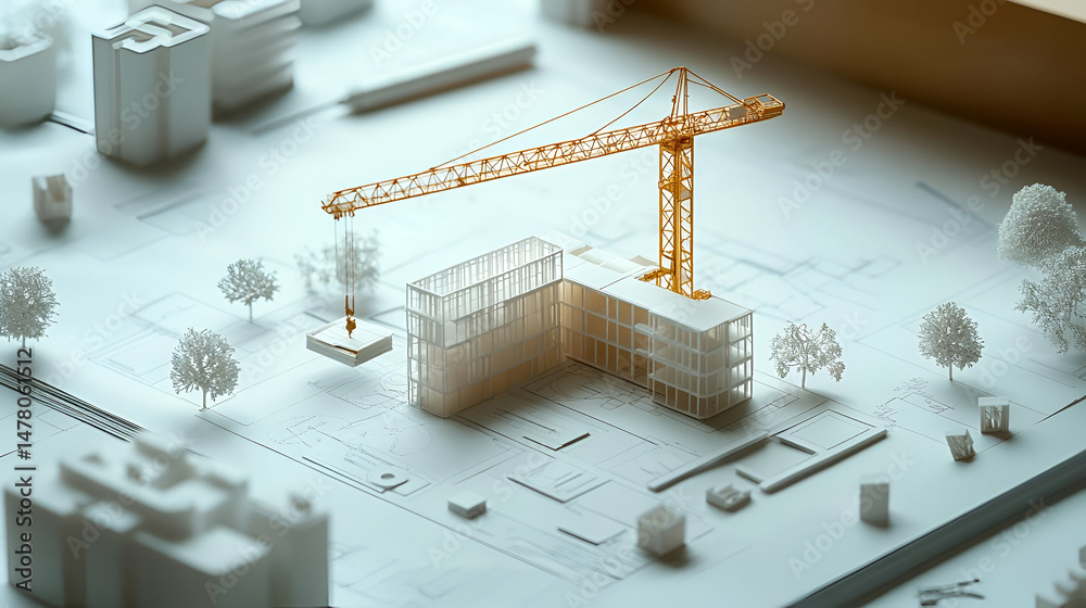 Poster white building model with orange crane on blueprint