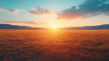 Fototapeta premium Expansive golden field bathed in sunset light.