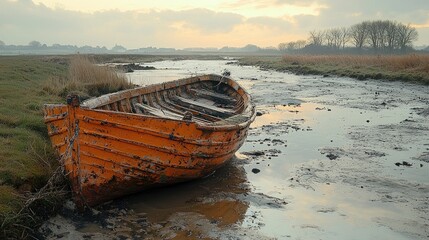 Abandoned orange boat resting in a muddy riverbank at sunset, serene landscape